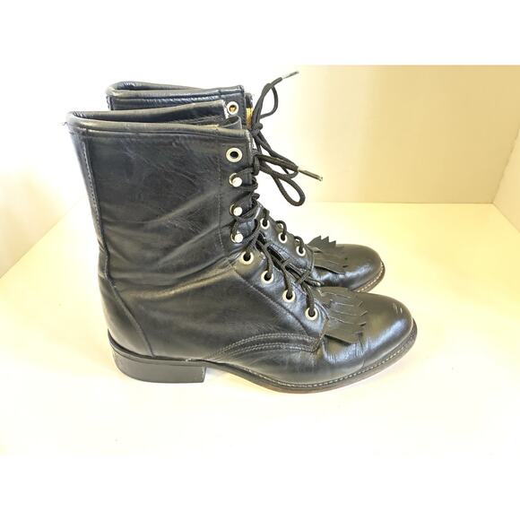Laredo Combat Boots Black Granny Womens Fold Over Cuff Ankle Leather Sz 7.5M - Picture 1 of 7